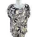 Tahari Women's Black/ivory Luxe Linen Leaf Print Short Cap Sleeve Shirt - L