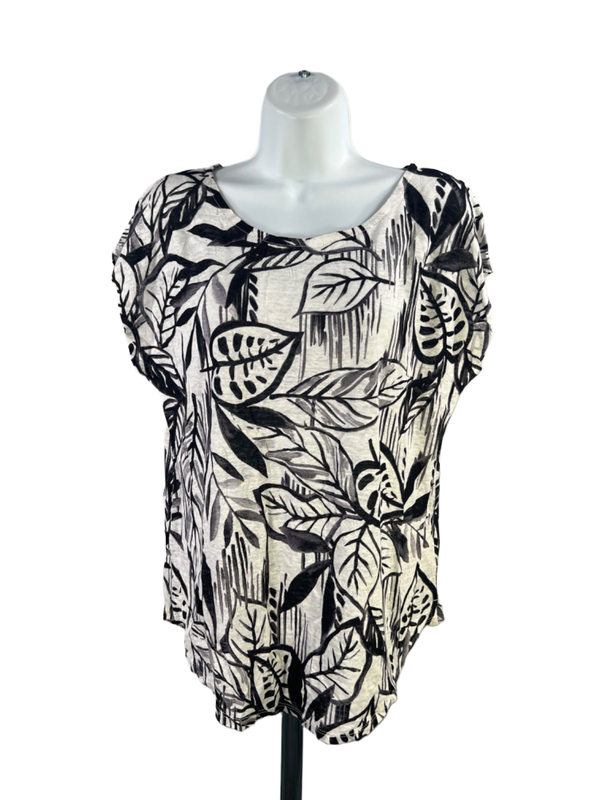 Tahari Women's Black/ivory Luxe Linen Leaf Print Short Cap Sleeve Shirt - L