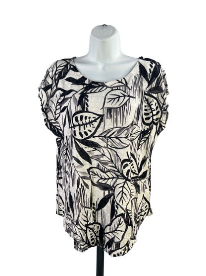 Tahari Women's Black/ivory Luxe Linen Leaf Print Short Cap Sleeve Shirt - L