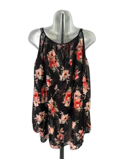 White House Black Market Womwn's Black Floral Semi Sheer Blouse - XL Petite image 2