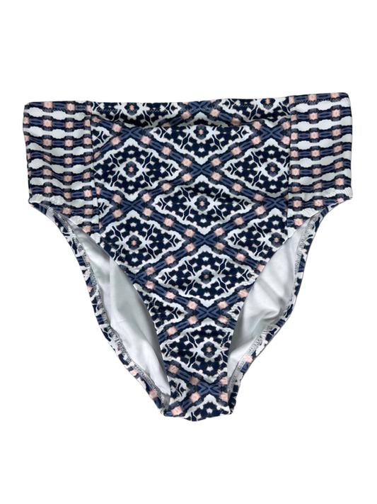 Jessica Simpson Women's Blue/White Venice Shirred High Rise Bikini Bottoms - M