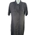 Eileen Fisher Women's Dark Gray Silk Short Roll Sleeve Button Up Mini Dress - XS