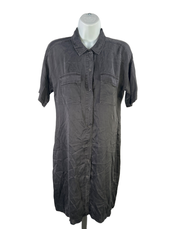 Eileen Fisher Women's Dark Gray Silk Short Roll Sleeve Button Up Mini Dress - XS