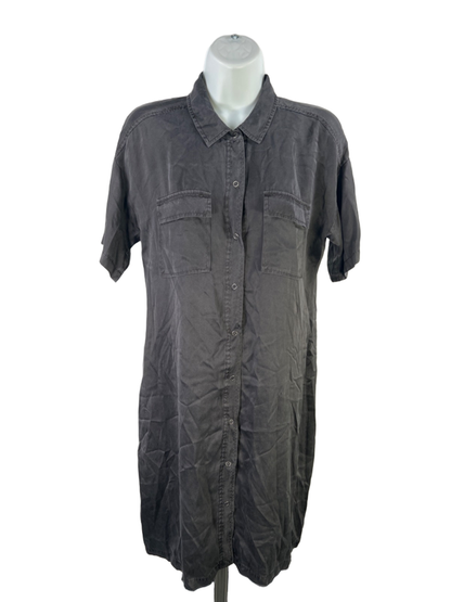 Eileen Fisher Women's Dark Gray Silk Short Roll Sleeve Button Up Mini Dress - XS