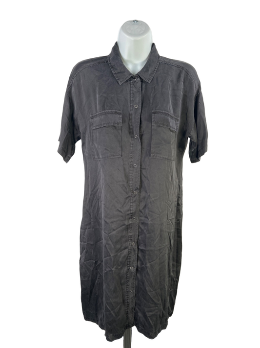 Eileen Fisher Women's Dark Gray Silk Short Roll Sleeve Button Up Mini Dress - XS