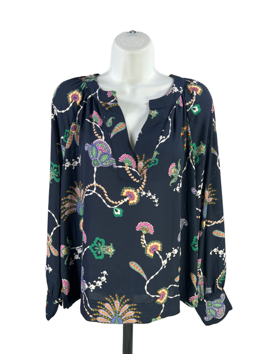 Loft Women's Blue Paisley Floral V Neck Long Sleeve Blouse - M