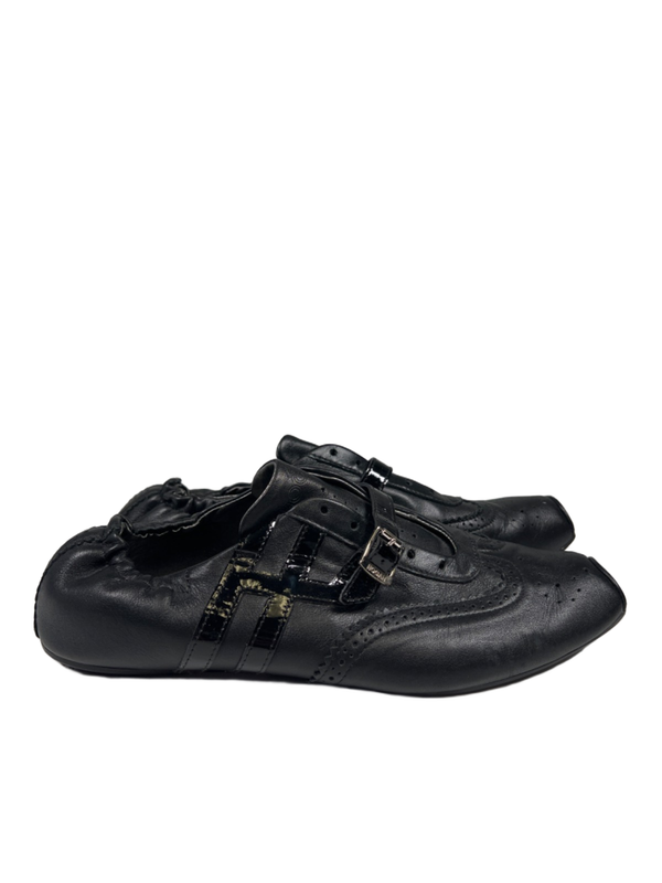 Hogan Women's Black Leather Square Toe Buckle Strap Flat Shoes - 38/US 7