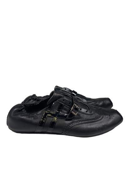 Hogan Women's Black Leather Square Toe Buckle Strap Flat Shoes - 38/US 7