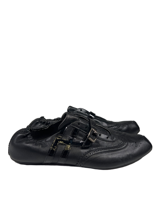 Hogan Women's Black Leather Square Toe Buckle Strap Flat Shoes - 38/US 7