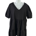 Ana Women's Black V Neck Short Puff Sleeve Tiered Mini Dress - XL