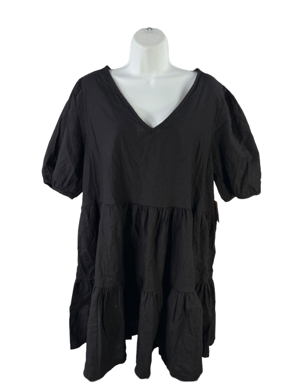 Ana Women's Black V Neck Short Puff Sleeve Tiered Mini Dress - XL