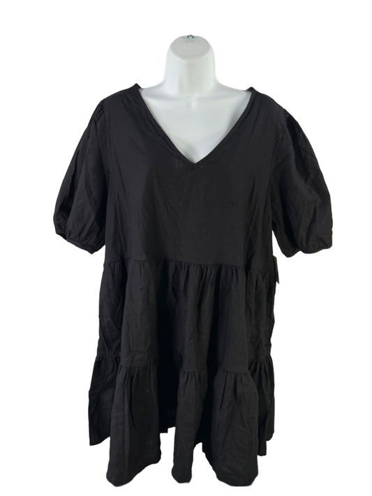 Ana Women's Black V Neck Short Puff Sleeve Tiered Mini Dress - XL