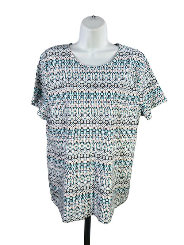 Croft & Barrow Women's White/Blue Geometric Classic Short Sleeve Tee Shirt - XL