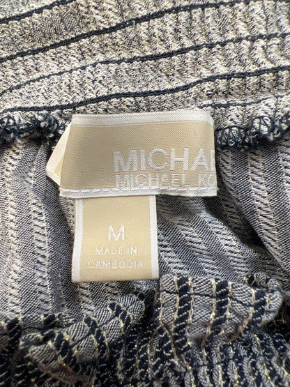 Michael Kors Women's Blue Metallic Striped Smocked Neck 3/4 Sleeve Blouse - M image 3