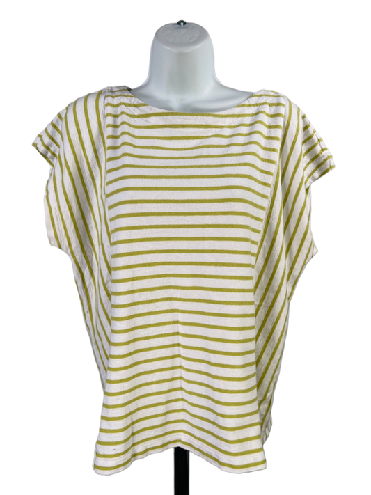 J Jill Women's White/Green Striped Button Back Short Sleeve Blouse - L