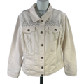 CJ Banks Womens White Rhinestone Front Long Sleeve Button Up Jean Jacket - 14W X