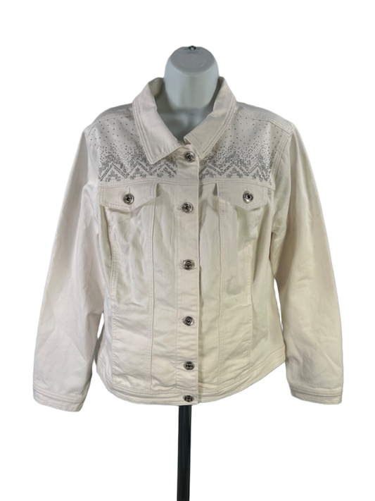 CJ Banks Womens White Rhinestone Front Long Sleeve Button Up Jean Jacket - 14W X