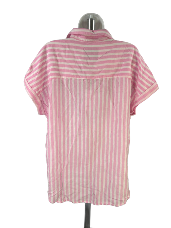 Lola River Women's White/Pink Miley Striped V Neck Cuff Short Sleeve Shirt - L image 2