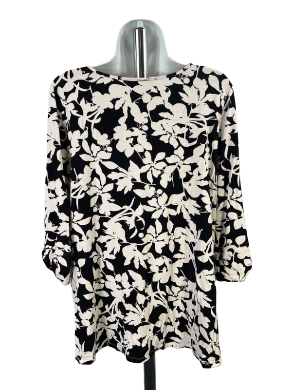 J.Jill Wearever Collection Womens Black/White Floral 3/4 Sleeve Shirt - L Petite image 2