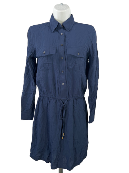Ralph Lauren Women's Blue Long Sleeve Tie Waist Button Up Mini Dress - 2 Petite