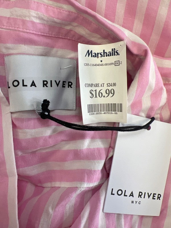 Lola River Women's White/Pink Miley Striped V Neck Cuff Short Sleeve Shirt - L image 3