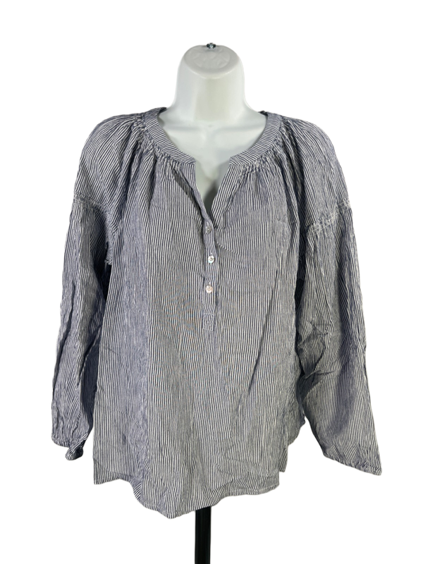 J Jill Women's Blue/White Striped Half Button Up Long Sleeve Blouse - M Petite