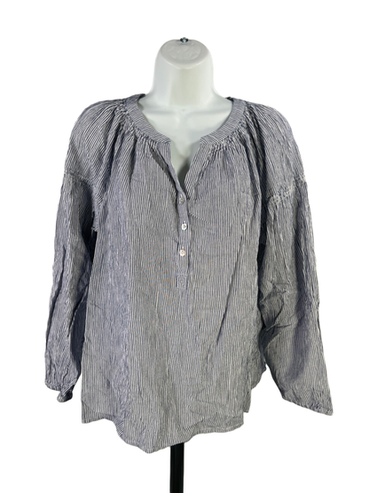 J Jill Women's Blue/White Striped Half Button Up Long Sleeve Blouse - M Petite