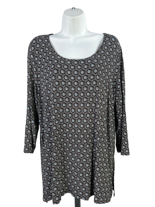 J Jill Women's Black/White Geometric Floral Scoop Neck 3/4 Sleeve Shirt - L