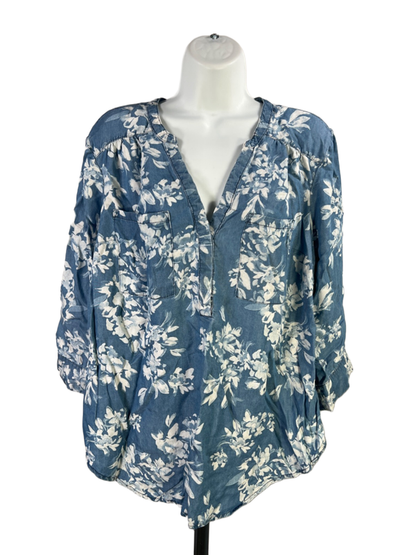 Torrid Harper Women's Blue Floral 3/4 Roll. Sleeve V-Neck Blouse - Plus 0