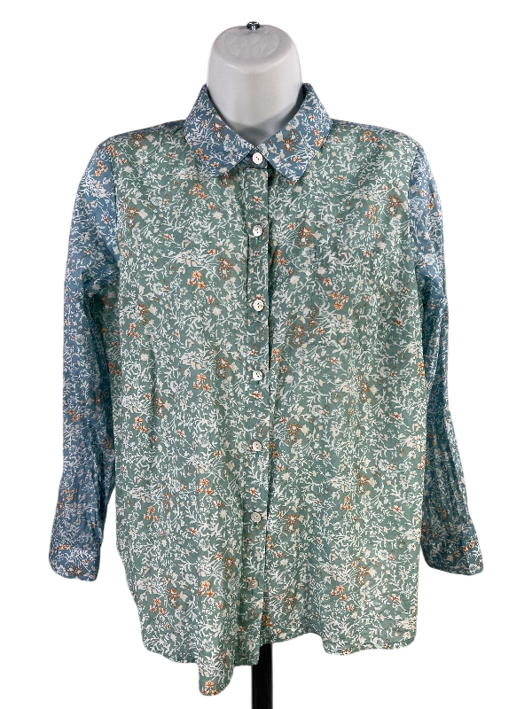 J.Jill Women's Blue/Green Floral Thin Long Sleeve Button Up Blouse - XS Petite