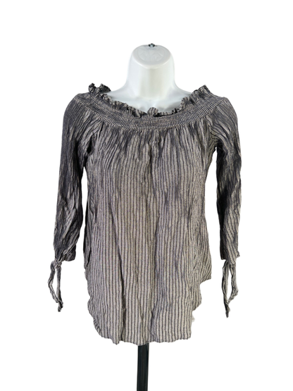Michael Kors Women's Blue Metallic Striped Smocked Neck 3/4 Sleeve Blouse - M