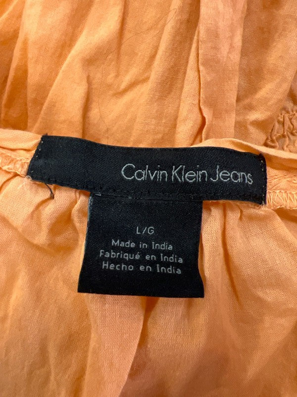 Calvin Klein Women's Orange Scoop Neck Smocked Beaded Elbow Sleeve Blouse - L image 3