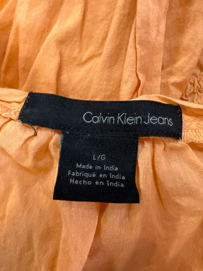 Calvin Klein Women's Orange Scoop Neck Smocked Beaded Elbow Sleeve Blouse - L image 3