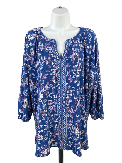 J.Jill Women's Blue Floral 3/4 Sleeve V-Neck Blouse - XL