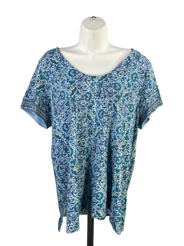 Pure J Jill Women's Blue Floral Side Slit Short Sleeve Tee Shirt - L Petite