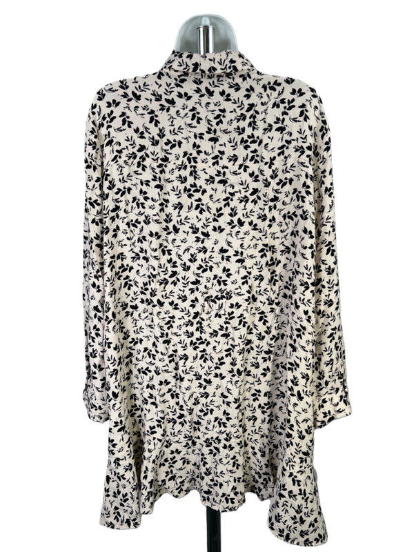 Zara Women's Beige/Black Floral Long Sleeve Button Up Ruffle Hem Mini Dress - L image 2