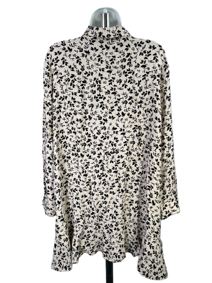 Zara Women's Beige/Black Floral Long Sleeve Button Up Ruffle Hem Mini Dress - L image 2
