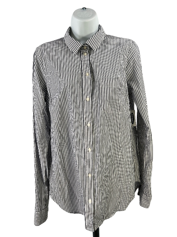 Old Navy Women's White/Blue Striped The Classic Button  Up Shirt - M Tall