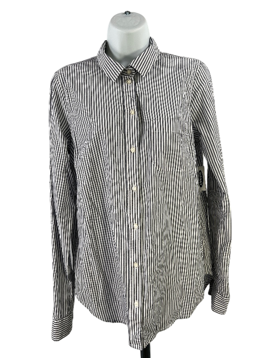 Old Navy Women's White/Blue Striped The Classic Button  Up Shirt - M Tall