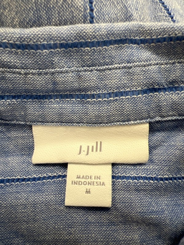 J Jill Women's Blue Striped Linen Blend Long Roll Sleeve Button Up Shirt - M image 3
