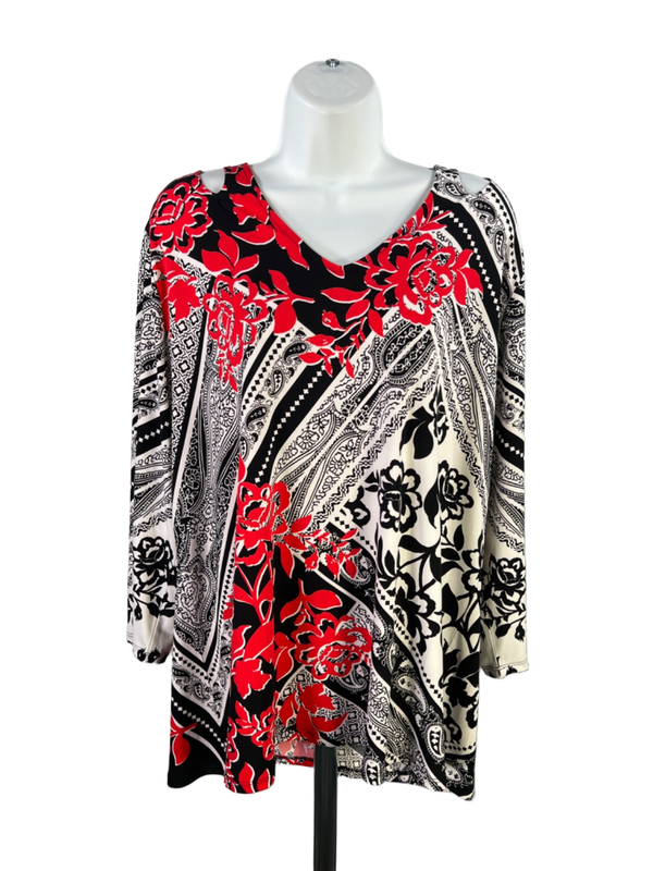 Chico's Women's Black/Red Paisley Cold Shoulder 3/4 Sleeve Blouse - 3/US XL