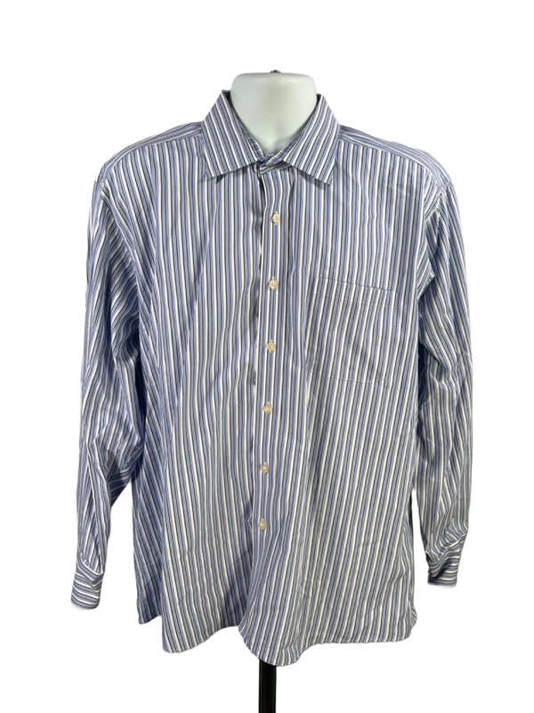 Michael Kors Men's Blue/White Striped Cotton Long Sleeve Button Up Shirt - XL