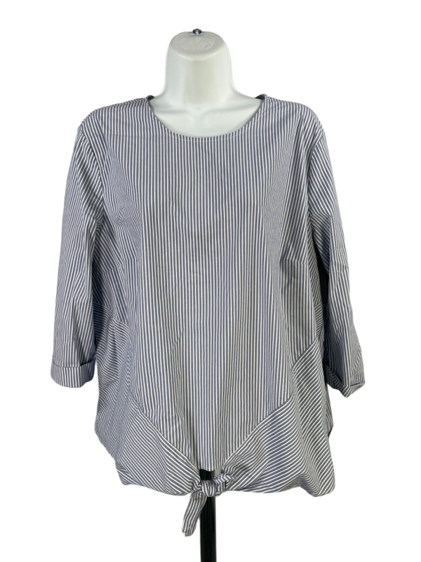 J.Jill Women's Blue/White Striped 3/4 Sleeve Tie Front Blouse - L