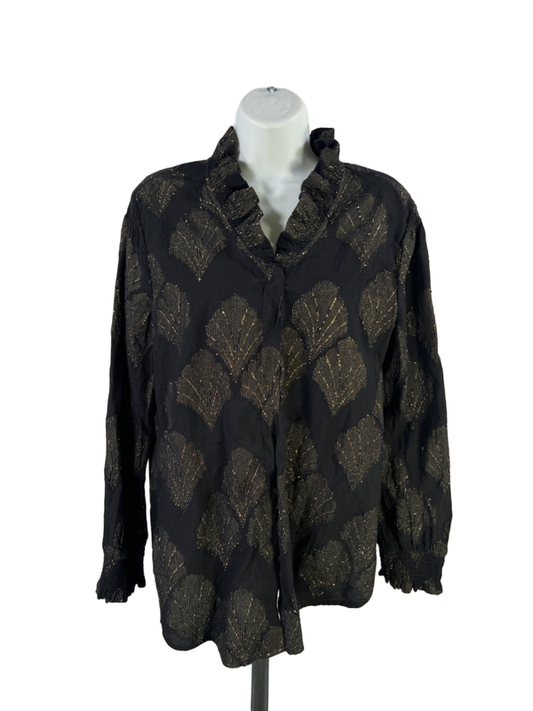 Chico's Women's Black/Gold Metallic Long Sleeve Ruffle Pullover Blouse - 2/US 12