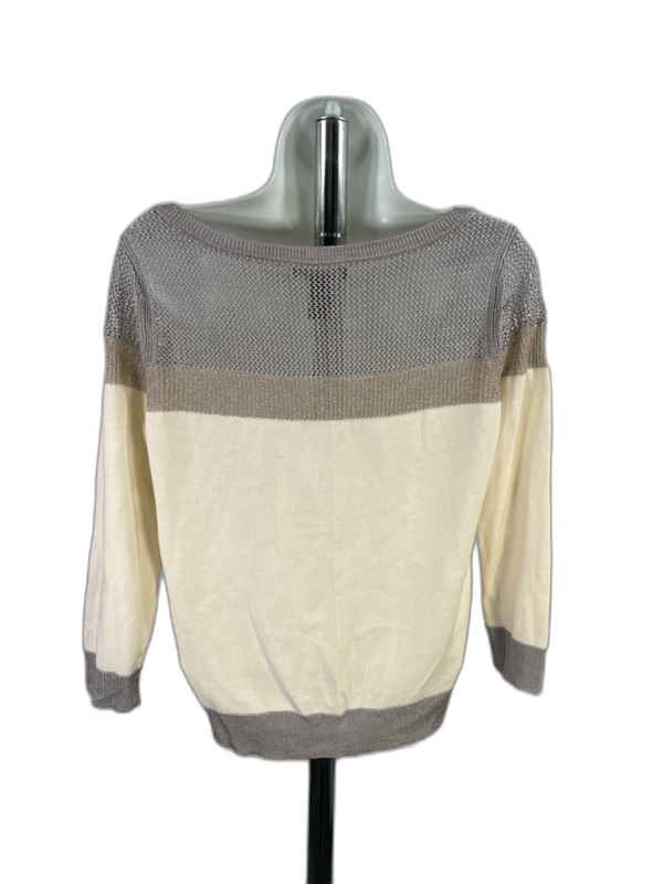 White House Black Market Women's Ivory/Gray Mesh Trim 3/4 Sleeve Knit Top - M image 2