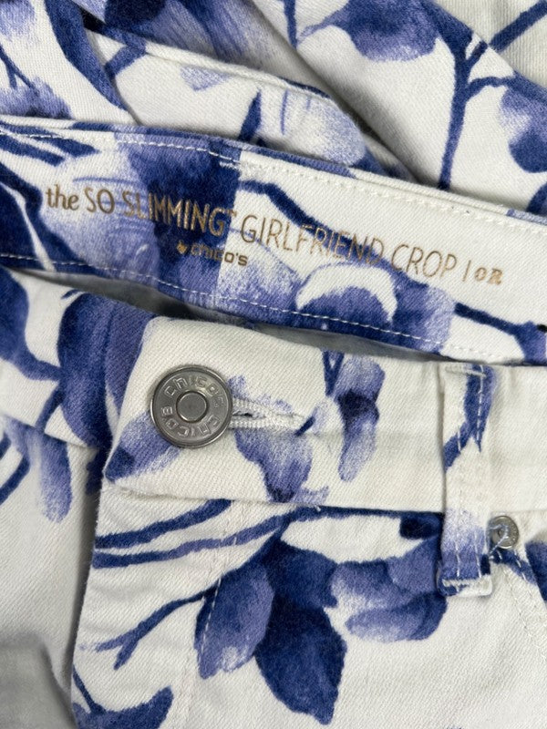 Chico's Women's Blue/White Floral So Slimming Girlfried Crop Pants - 17.77 image 3