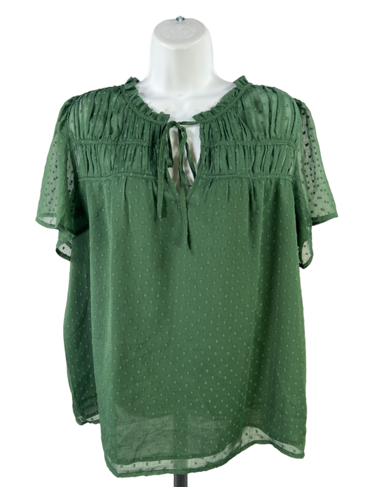 LOFT Women's Green Sheer Sleeve Lined V-Neck Blouse - L
