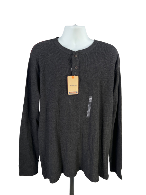 GH Bass & Co Men's Dark Gray Waffle Knit Quarter Button Long Sleeve Shirt - 3XL
