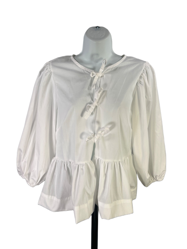 Kaktus Women's White 3/4 Puff Sleeve Tie Front Blouse - L