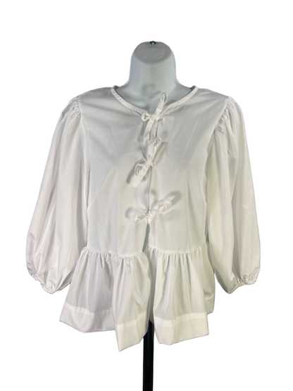 Kaktus Women's White 3/4 Puff Sleeve Tie Front Blouse - L